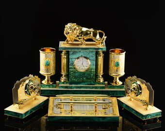 Ensemble de bureau de PIERRE NATURELLE laiton, malachite, dorure Lion meilleur cadeau ensemble de bureau de luxe cadeau incroyable