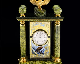 Clock From Natural Stone "MIRAGE" gilding, nickel, enamel, serpentine, brass Best Gift Luxury Clock Set Amazing Gift Vip