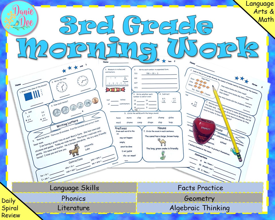 1st Quarter 3rd Grade Third Grade NO PREP Daily Spiral Review Worksheets Morning Work Homeschool Math Worksheet Reading Printable Activity.