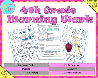 1st Quarter - 4th Grade Fourth Grade Daily Spiral Review Morning Work Classroom Homeschool Math Reading Printable Activity NO PREP 45 Days