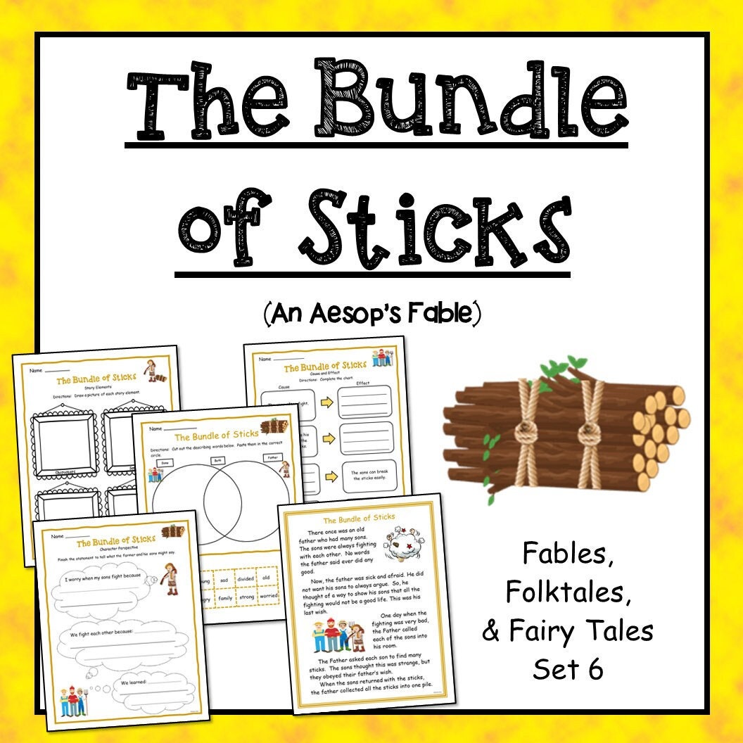 The Bundle of Sticks (Aesop's Fable) Reading Comprehension Activities 1st Grade 2nd Grade 3rd Grade 4th Grade Classroom & Homeschool NO PREP
