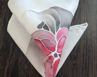 Art to wear, gray pink abstract flowers  Pocket square, silk handpainted technique  handkerchief, unisex gift by ColoreConAmore