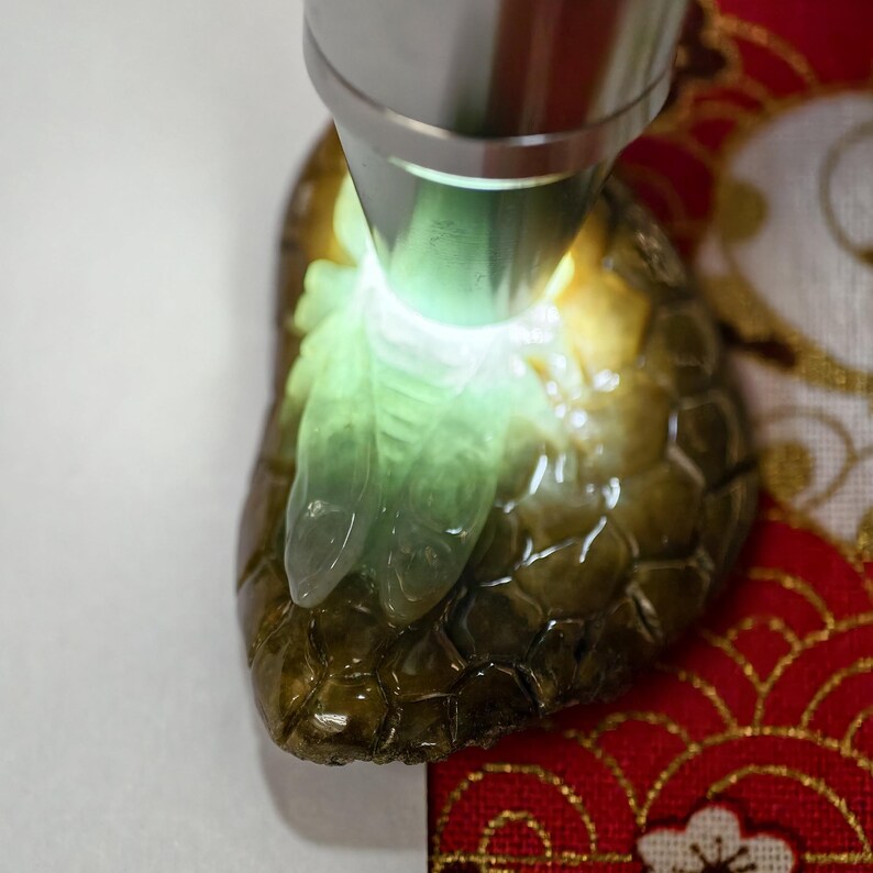 May include: A close-up of a carved jade pendant, illuminated by a light. The pendant features a detailed insect design with a translucent green hue, set against a brown and yellow background. The pendant is on a red and white patterned surface.