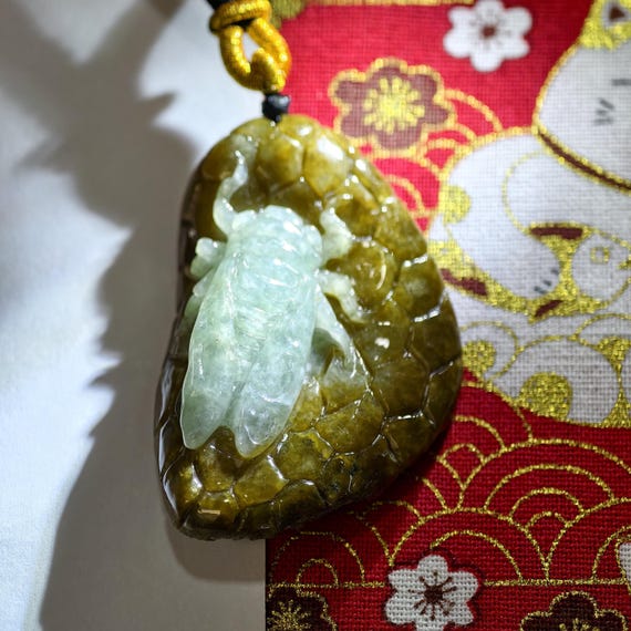 Cicada 蝉 • Symbol of Rebirth & Longevity • Icy Leaf Green, Honey Brown Two-Tone • Natural Type A Burmese Jadeite Pendant Necklace • 缅甸天然A货翡翠