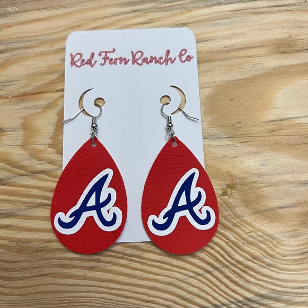 Atlanta Braves Red with blue A and white outline/faux leather earrings/blue red and white/ white piping/Chop On/ Los Bravos/single layer