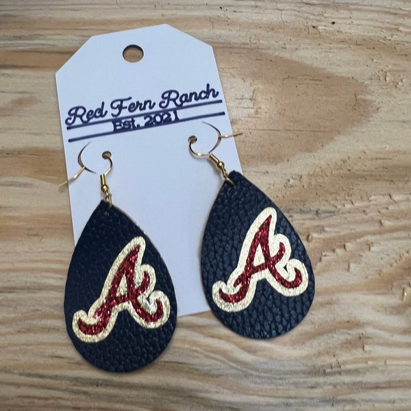 World Series Champion Atlanta Braves edition faux leather earrings/blue red and gold/ gold piping/Chop On/ Los Bravos/nickel free