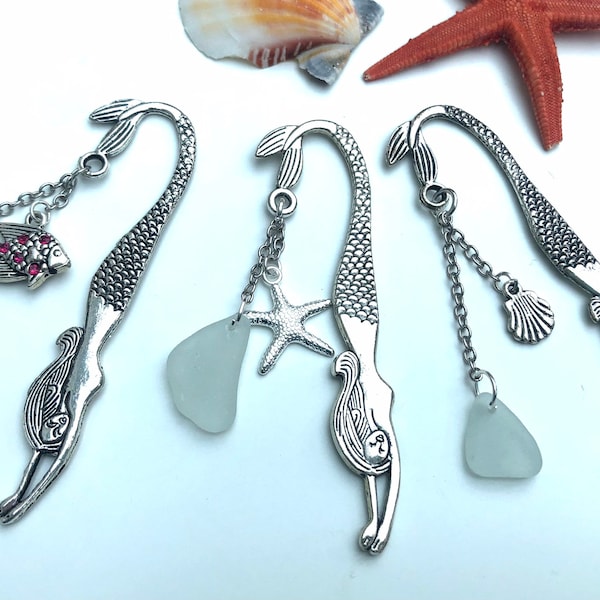 Mermaid Sea Glass Bookmark with Shell, Starfish or Fish Charm - White or Green | Gift for Book Lover