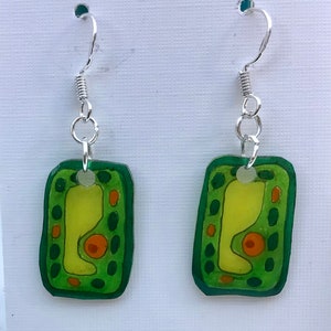 May include: A pair of silver dangle earrings with green and yellow rectangular charms depicting a plant cell. The charms have a detailed illustration of a plant cell with a large central vacuole, chloroplasts, and a cell wall.