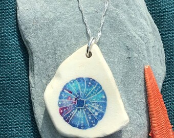 Sea Pottery Pendant Necklace | Blue Sea Urchin, Sterling Silver Chain
