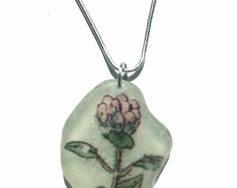 Ocean Tumbled Sea Glass Pendant Necklace – Vintage Flower, Sterling Silver Chain