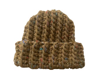 May include: A brown knitted beanie with colourful flecks throughout the fabric.