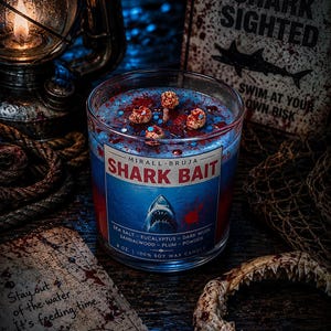 Peut inclure: Une bougie en verre avec de la cire bleue et rouge, étiquetée "Shark Bait" avec un requin. La bougie a des éléments décoratifs et est entourée d'accessoires, dont une mâchoire de requin et une pancarte "Shark Sighted". La bougie est de 227 grammes.