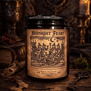 MIDNIGHT FEAST CANDLE | Medieval Witch Ritual Candle | Wooden Wick | Sandalwood - Vanilla - Oud - Patchouli | Essential Oils