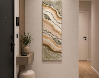 Neutral Geode Resin Wall Art, Vertical Agate Painting, Gold Accents, Crystal Texture Decor