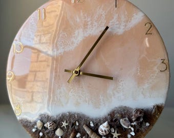 Reloj de pared de resina: Diseño Black & Ocean Art, manecillas doradas, 30 cm (12 pulgadas)