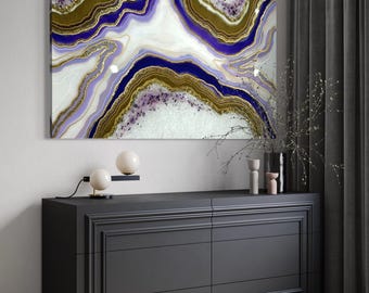 Duża fioletowa geoda z żywicy ściennej, obraz epoksydowy inspirowany ametystem, złote abstrakcyjne dzieło sztuki (38x24")