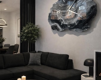 Black Geode Resin Wall Clock, Modern Abstract Epoxy Art, Roman Numeral Decor
