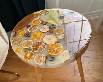 Handmade Resin Side Table with Dried Citrus and Botanicals | Nature Inspired Accent Table