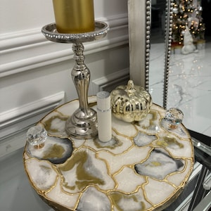 Resin Serving Tray: Champagne, White, Gold Accent Home Decor (14 inch)