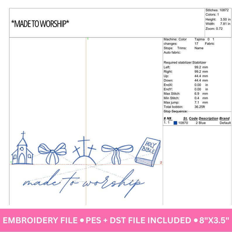 May include: An embroidery design featuring a church, bows, crosses, and a Bible, with the words "made to worship" in script. The design is 7.81 inches wide and 3.50 inches high. Includes embroidery file formats PES and DST.