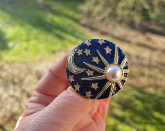 Broche ciel étoilé-broche pour femmes-bijou pour femmes-bijou soleil-bijou lune-broche perle-broche bleu-broche strass-broche étoile.