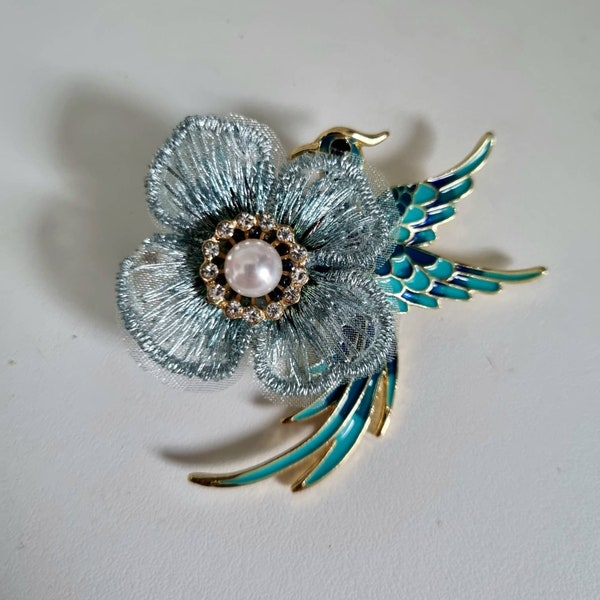 Broche oiseau bleu/broche fleur/Oiseau bleu/fleur bleu/broche retro/broche romantique/broche originale/briche bleu