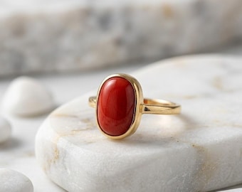 Handmade Red Coral Ring: Oval Gemstone, Sterling Silver Statement Ring