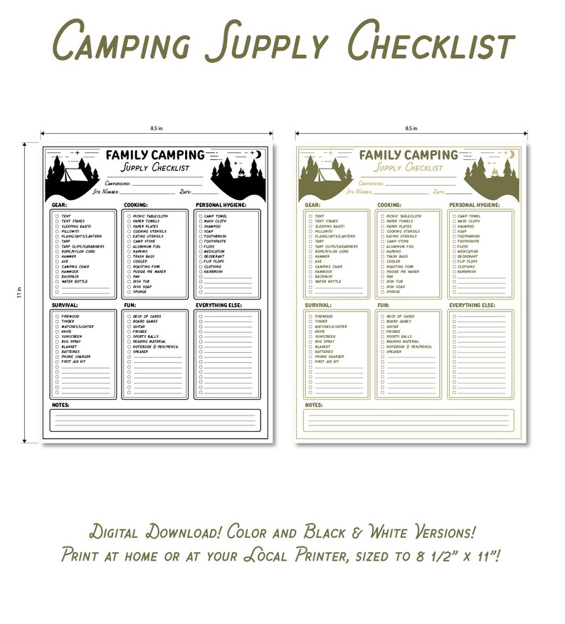 Family Camping SUPPLY CHECKLIST Digital Download Campout Supplies Camp