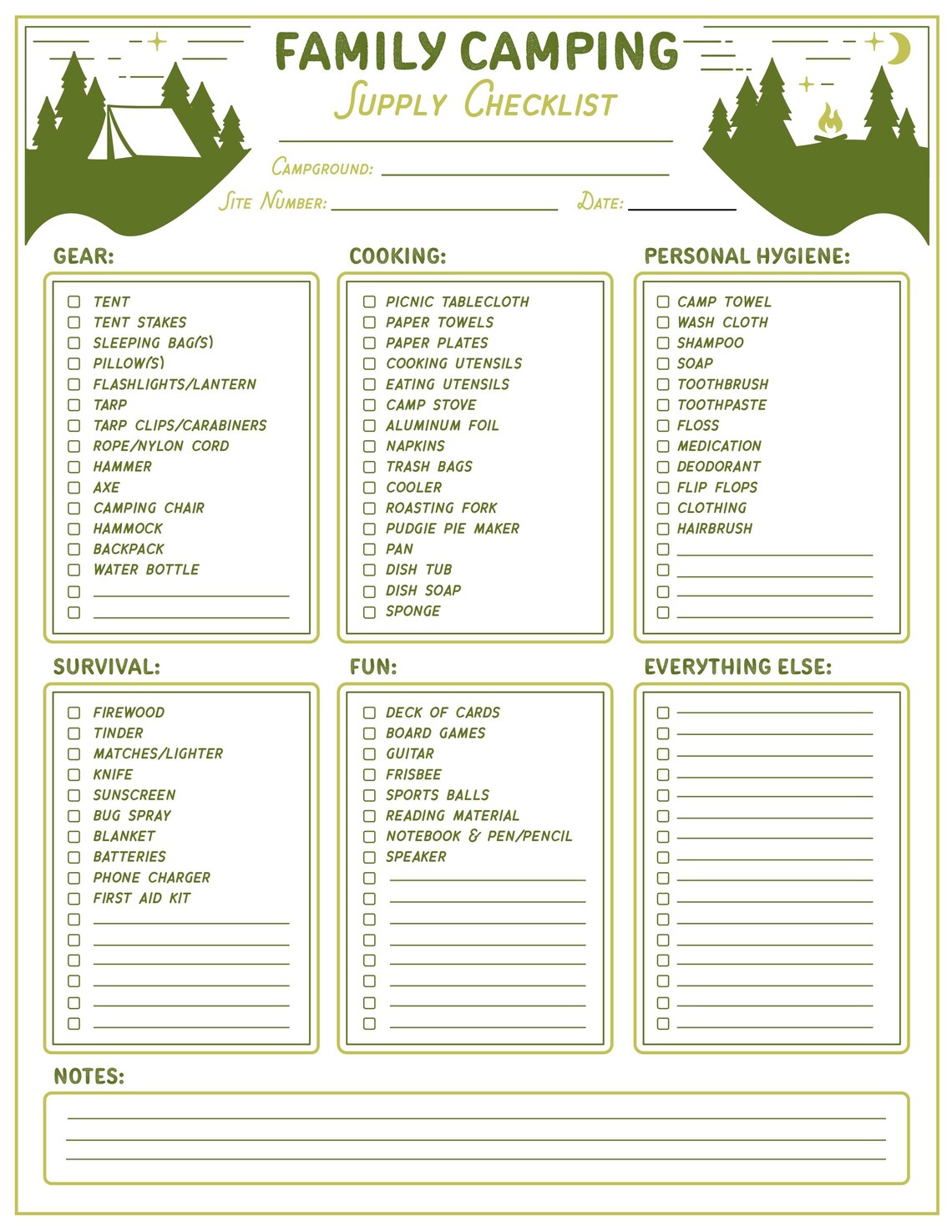Family Camping SUPPLY CHECKLIST Digital Download Campout Supplies Camp