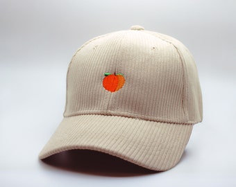 Custom Peach Emoji Corduroy Baseball Cap - Vintage Hat - Retro Style Dad Hat with Embroidered Patch