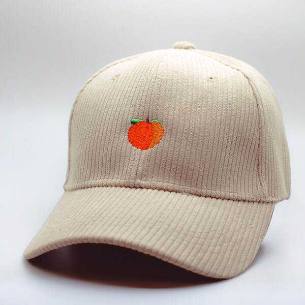 Custom Peach Emoji Corduroy Baseball Cap - Vintage Hat - Retro Style Dad Hat with Embroidered Patch