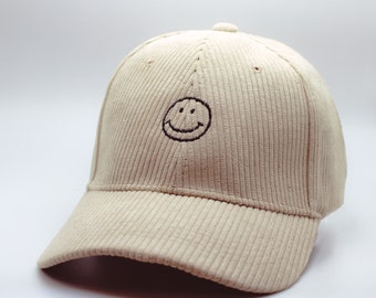 Custom Smiley Face Corduroy Baseball Cap - Vintage Hat - Retro Style Dad Hat with Embroidered Patch