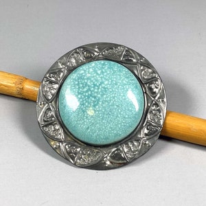 Vintage silver brooch turquoise color Big round brooch teal color Button geometric brooch Modern blue enamel brooch