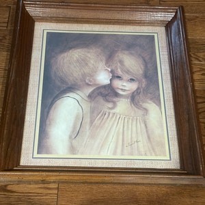 Vintage Margaret Kane "A Little Kiss" Big Eyes Boy Girl Framed Wall Art  C/2/3/14