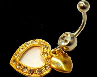 24K Gold Heart with a Heart Dangle Belly Ring 14G (1.6MM) (B/1/7/199) (Gold)