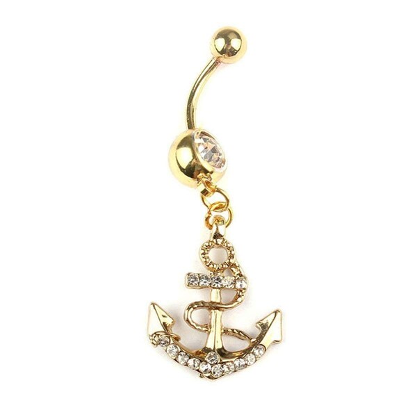 24K Gold Anchor Dangle Belly Ring 14G (1.6MM) (B/1/7/191) (Clear)