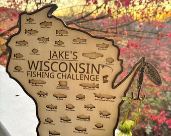 Carte du défi de pêche du Wisconsin | Cadeau pour pêcheur | Décoration de cabine
