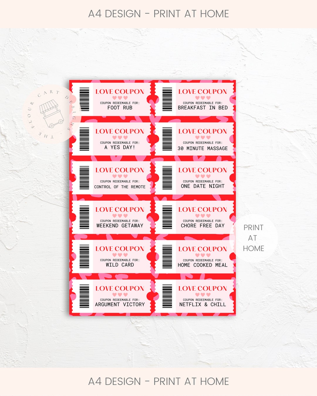 DIGITAL Love Coupons Printable A4 Instant Download Valentines Gift for