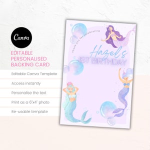 紫色のマーメイドのパーソナライズされたクッキーの裏カード | 編集可能な CANVA テンプレート | すぐにダウンロード | 6"x4" デザイン