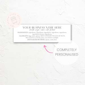 GEPERSONALISEERDE Ingrediënten label | Afdrukbare | Volledig op maat gemaakte | Professionele bedrijfsbranding voor koekjes, cupcakes, brownies, enz.
