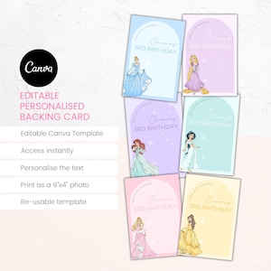 Princess inspired customisable personalised cookie backing card template | Editable with CANVA | Instant download | 6x4" | 6 styles included