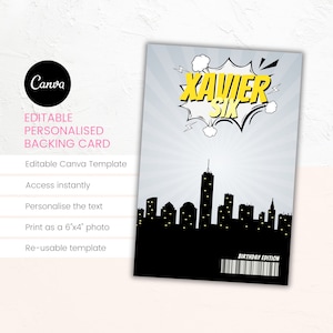 Komische superheld gepersonaliseerde cookie-steunkaart | Bewerkbare CANVA-sjabloon | Direct downloaden | 6 "x 4" ontwerp