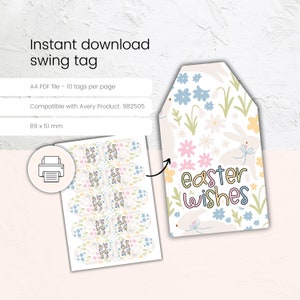 DIGITAL DRUCKBARE Swing Tags | 89 x 51 mm | Sofortiger Download A4 PDF-Datei | Hübscher Frühlingsblumen Osterhase | Osterwünsche