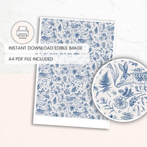 DIGITAL DOWNLOAD edible icing print | A4 icing sheet file | Use for cookies, cakes, cupcake toppers + more | Blue floral with rabbits