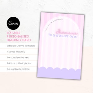 パステルピンクと紫のスカロップデザインのパーソナライズされたクッキー裏カード | 編集可能な CANVA テンプレート | すぐにダウンロード | 6"x4" デザイン