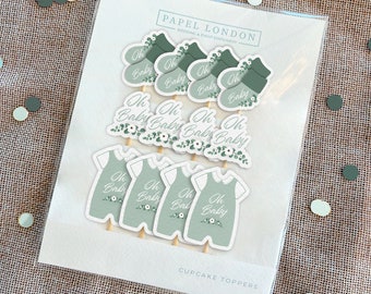 Baby Shower Oh Baby Cupcake Toppers - Eucalyptus & Sage Green Theme - Party Topper