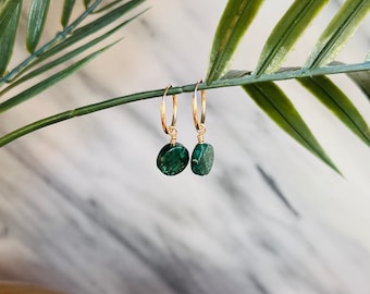 Dark Green Aventurine Earrings, 14k Gold Filled Hoops, Sterling Silver, Gemstone Earrings, Dainty, Gifts for Her