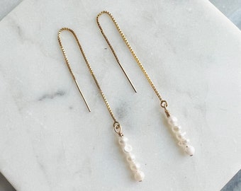 Pearl Threader Earrings, 14k Gold Filled, Dainty, Gifts for Her