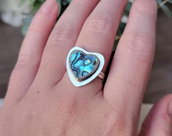 Handmade Abalone Shell Heart Ring, 925 Sterling Silver, Gifts For Her