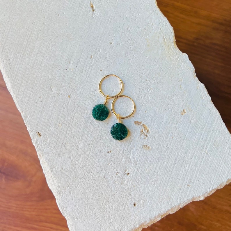 Dark Green Aventurine Earrings, 14k Gold Filled Hoops, Sterling Silver, Gemstone Earrings, Dainty, Gifts for Her image 2